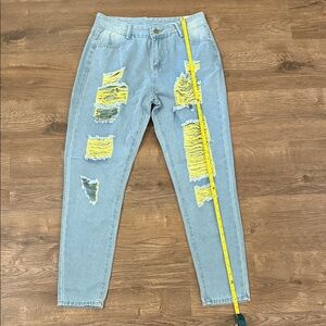 Fighting Internal Challenges Blue Jeans with Yellow Distressed Details Large
